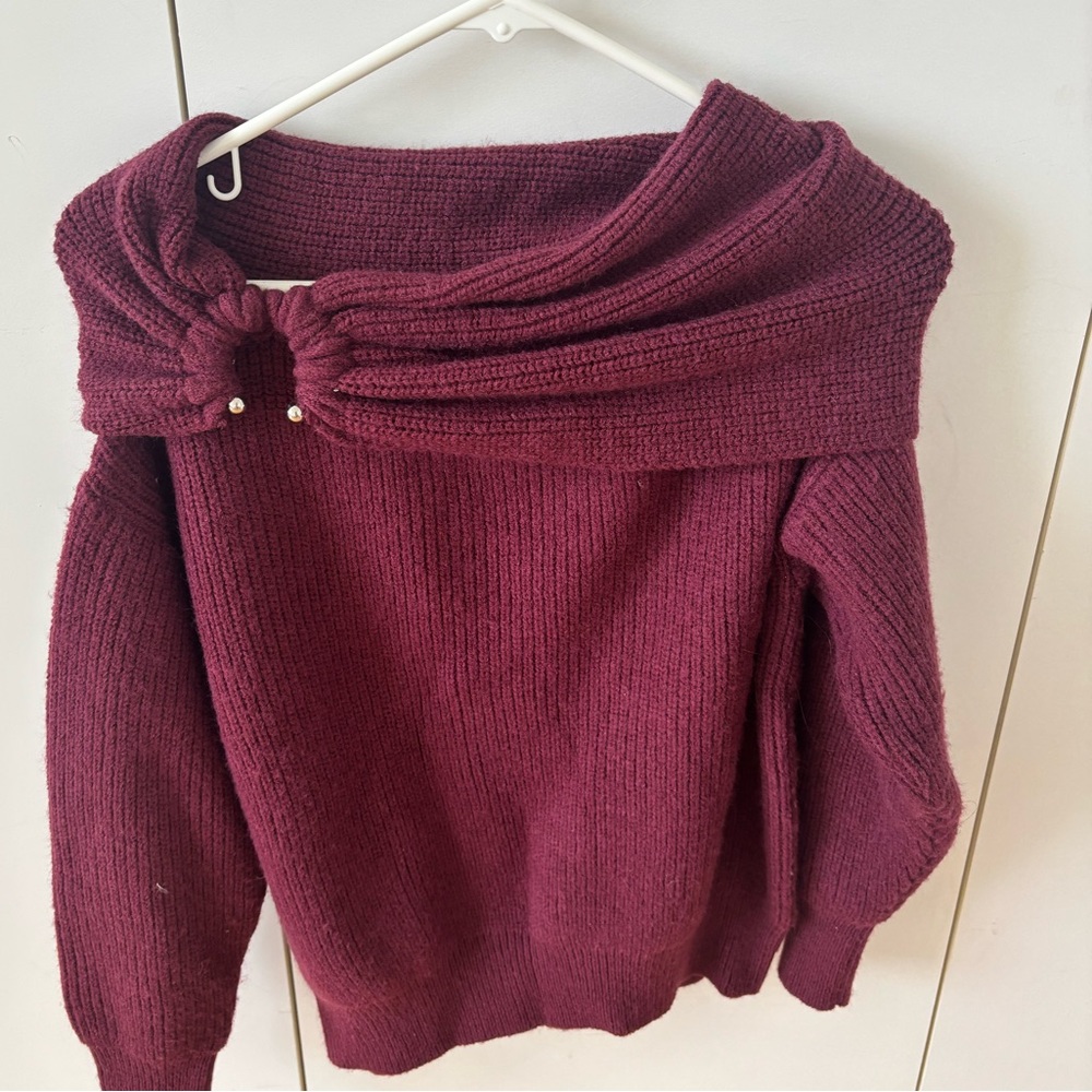 Maroon off the shoulder sweater with decal